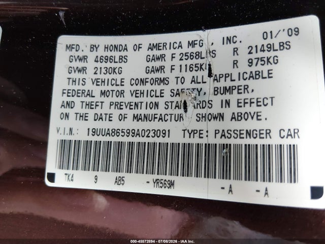 Aukcja sprzedaży 2009 Acura Tl 3.5, vin: 19UUA86599A023091, numer aukcji: 45572894