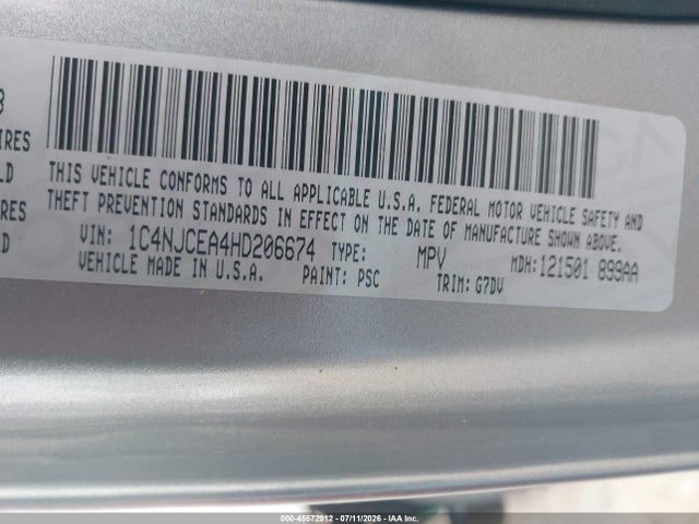 45572912 :رقم المزاد ، 1C4NJCEA4HD206674 vin ، 2017 Jeep Compass Latitude مزاد بيع