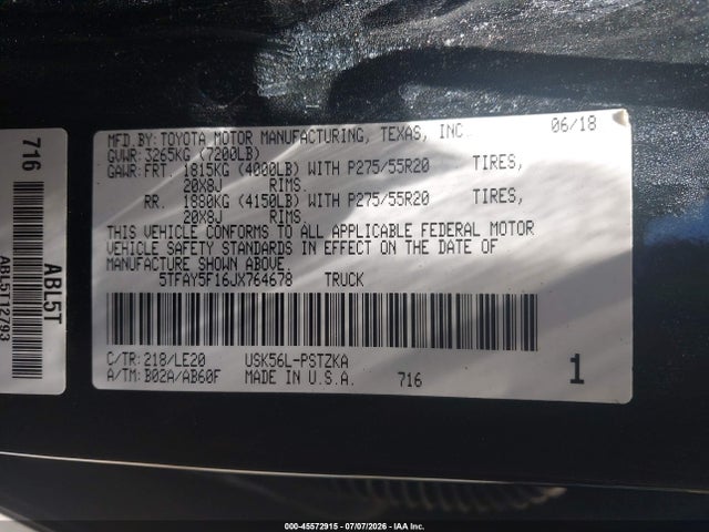 45572915 :رقم المزاد ، 5TFAY5F16JX764678 vin ، 2018 Toyota Tundra Platinum 5.7l V8 مزاد بيع