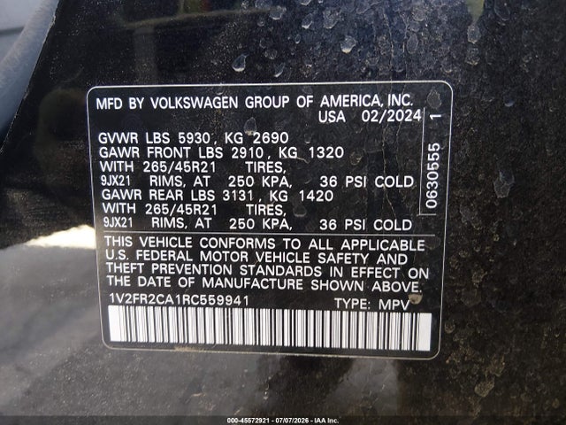 2024 Volkswagen Atlas 2.0t Sel Premium R-line მანქანა იყიდება აუქციონზე, vin: 1V2FR2CA1RC559941, აუქციონის ნომერი: 45572921