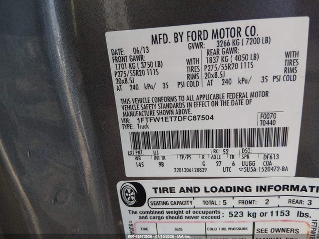 Продажа на аукционе авто 2013 Ford F-150 Platinum, vin: 1FTFW1ET7DFC87504, номер лота: 45572926