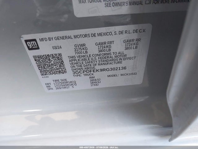 2024 Chevrolet Silverado 1500 4wd  Short Bed Lt Trail Boss მანქანა იყიდება აუქციონზე, vin: 3GCPDFEK9RG302136, აუქციონის ნომერი: 45572939