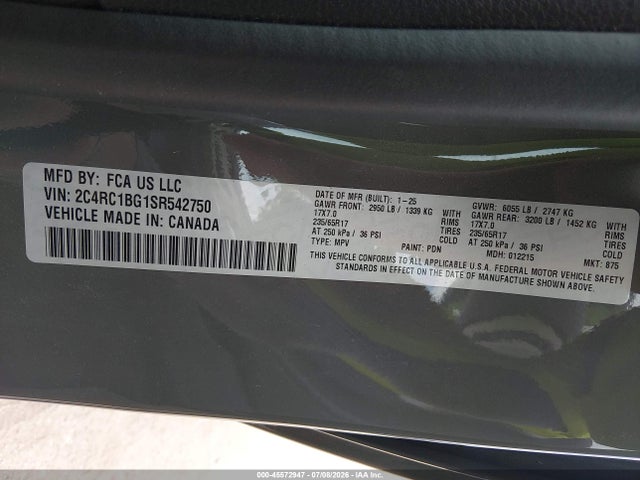 Aukcja sprzedaży 2025 Chrysler Pacifica Select, vin: 2C4RC1BG1SR542750, numer aukcji: 45572947