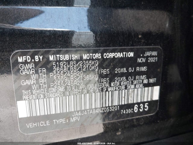 JA4J4TA84NZ053201 Mitsubishi Outlander Es 2.5 S-awc