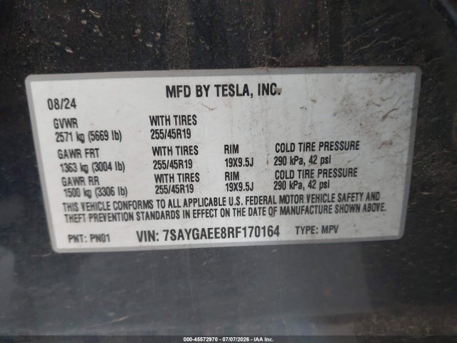 Aukcja sprzedaży 2024 Tesla Model Y Long Range Dual Motor All-wheel Drive, vin: 7SAYGAEE8RF170164, numer aukcji: 45572970