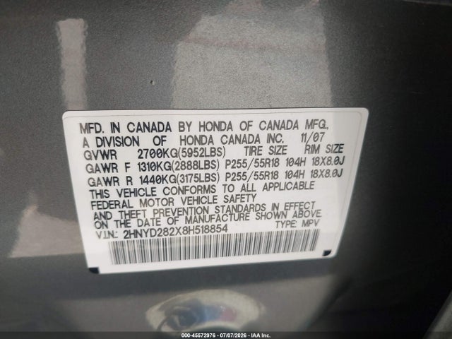 Aukcja sprzedaży 2008 Acura Mdx, vin: 2HNYD282X8H518854, numer aukcji: 45572976