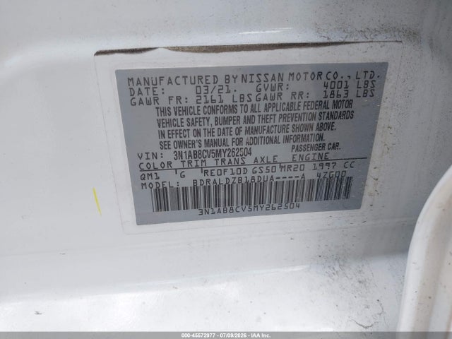 45572977 :رقم المزاد ، 3N1AB8CV5MY262504 vin ، 2021 Nissan Sentra Sv Xtronic Cvt مزاد بيع