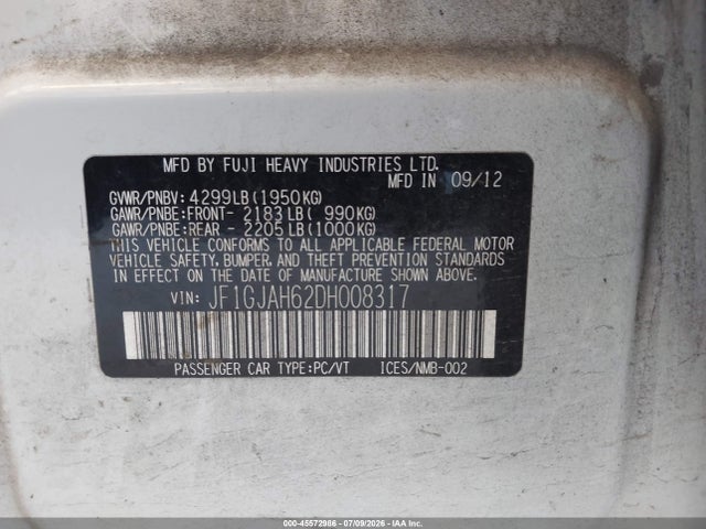2013 Subaru Impreza 2.0i Limited მანქანა იყიდება აუქციონზე, vin: JF1GJAH62DH008317, აუქციონის ნომერი: 45572986