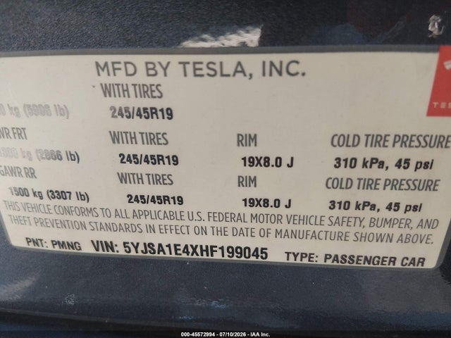 Tesla Model S 100d/60d/75d/90d/p100d 2017 5YJSA1E4XHF199045 Image 9