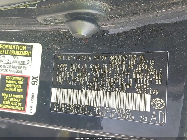 Aukcja sprzedaży 2015 Toyota Corolla L, vin: 2T1BURHE2FC469297, numer aukcji: 45572995