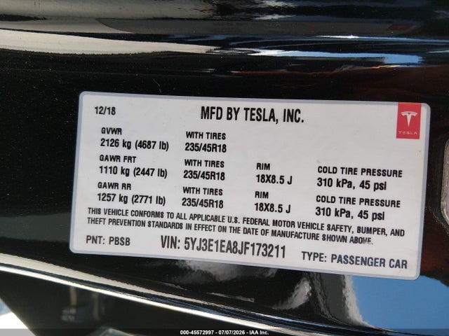 Продажа на аукционе авто 2018 Tesla Model 3 Long Range/mid Range, vin: 5YJ3E1EA8JF173211, номер лота: 45572997