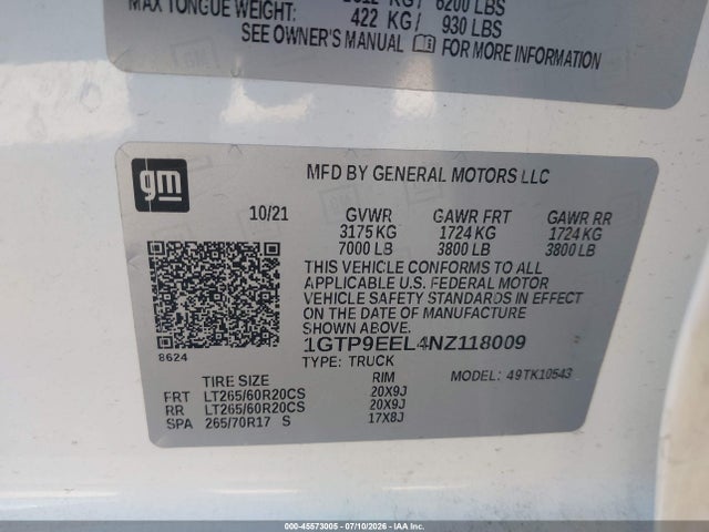 Продаж на аукціоні авто 2022 Gmc Sierra 1500 Limited 4wd  Short Box At4, vin: 1GTP9EEL4NZ118009, номер лоту: 45573005