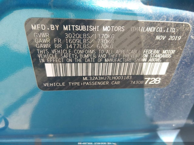 45573008 :رقم المزاد ، ML32A3HJ7LH003183 vin ، 2020 Mitsubishi Mirage Es مزاد بيع