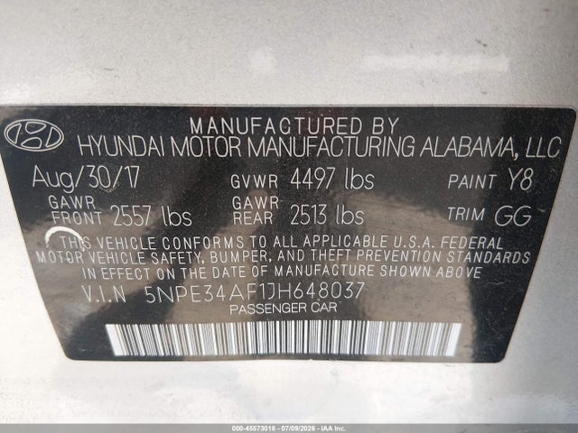 Aukcja sprzedaży 2018 Hyundai Sonata Sel, vin: 5NPE34AF1JH648037, numer aukcji: 45573018