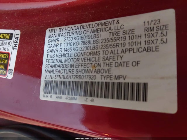 45573021 :رقم المزاد ، 5FNRL6H72RB017920 vin ، 2024 Honda Odyssey Sport مزاد بيع