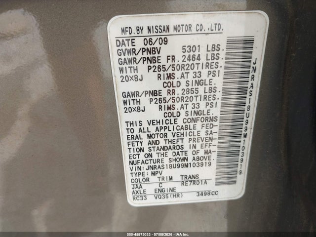 45573033 :رقم المزاد ، JNRAS18U99M103919 vin ، 2009 Infiniti Fx35 مزاد بيع