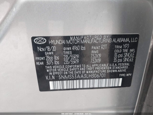 Продажа на аукционе авто 2020 Hyundai Santa Fe Limited 2.0t, vin: 5NMS53AA3LH306701, номер лота: 45573047