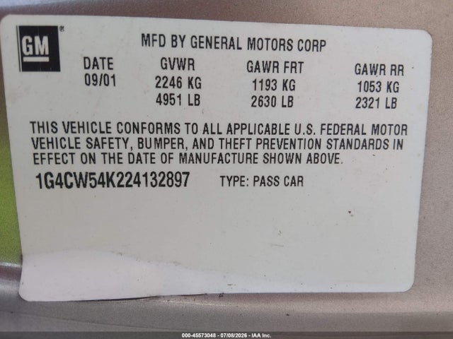 Продаж на аукціоні авто 2002 Buick Park Avenue, vin: 1G4CW54K224132897, номер лоту: 45573048