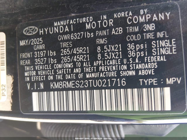 2026 Hyundai Palisade Calligraphy მანქანა იყიდება აუქციონზე, vin: KM8RMES23TU021716, აუქციონის ნომერი: 45573050