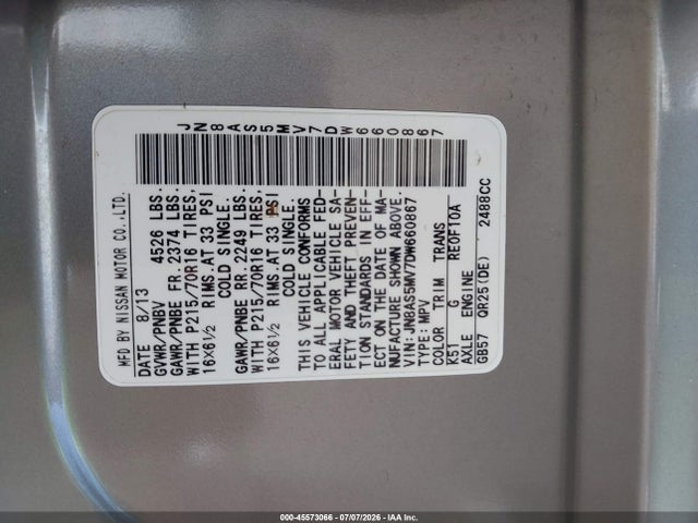 Продажа на аукционе авто 2013 Nissan Rogue S, vin: JN8AS5MV7DW660867, номер лота: 45573066
