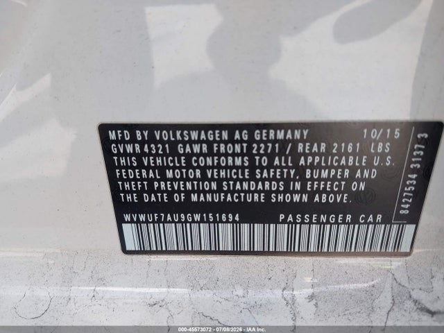Продаж на аукціоні авто 2016 Volkswagen Golf R 4-door, vin: WVWUF7AU9GW151694, номер лоту: 45573072