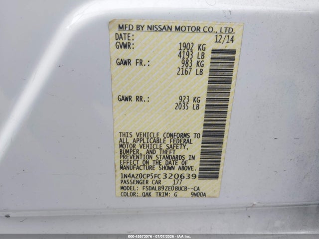 Aukcja sprzedaży 2015 Nissan Leaf S, vin: 1N4AZ0CP5FC320639, numer aukcji: 45573076