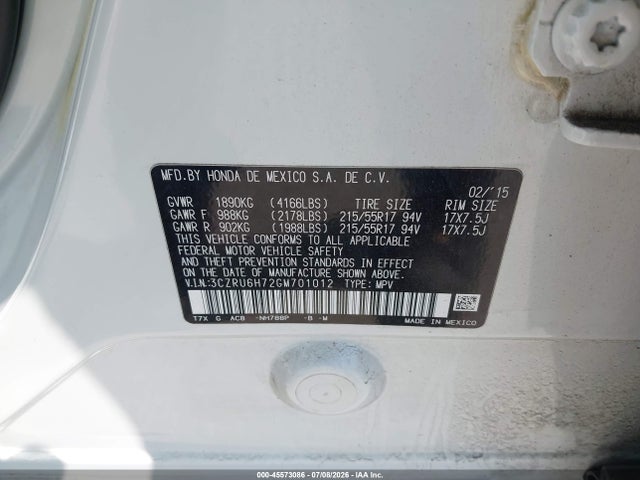 Продаж на аукціоні авто 2016 Honda Hr-v Ex-l, vin: 3CZRU6H72GM701012, номер лоту: 45573086