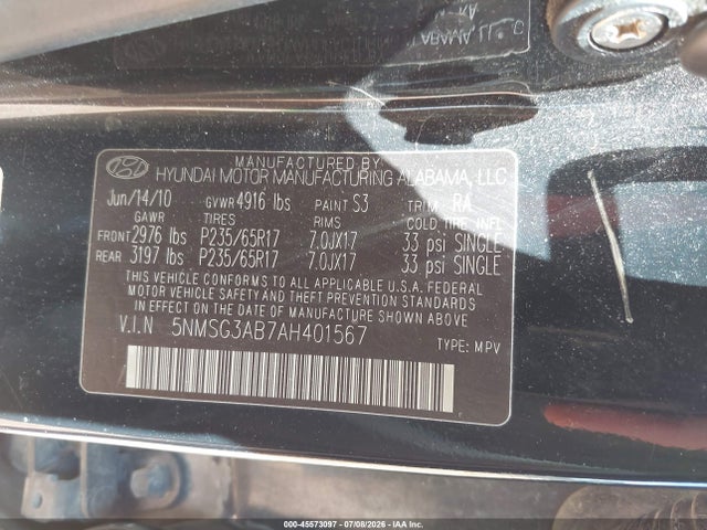 Aukcja sprzedaży 2010 Hyundai Santa Fe Gls, vin: 5NMSG3AB7AH401567, numer aukcji: 45573097