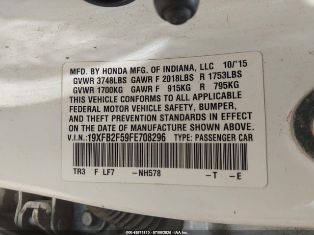 Honda Civic Lx 2015 19XFB2F59FE708296 Image 9