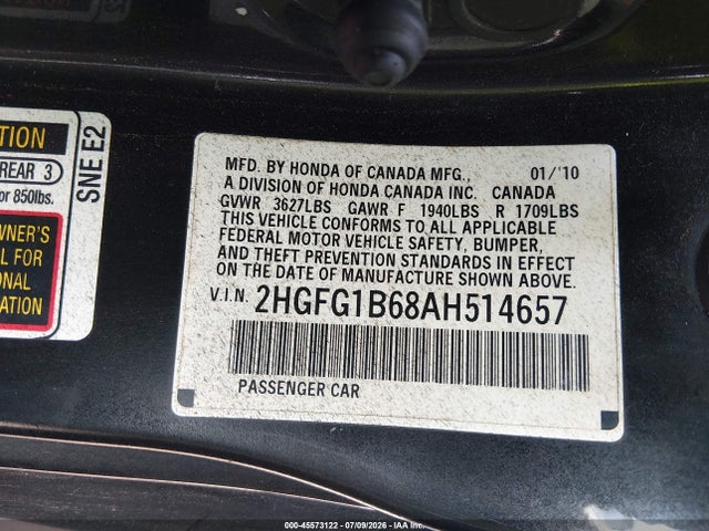 Aukcja sprzedaży 2010 Honda Civic Lx, vin: 2HGFG1B68AH514657, numer aukcji: 45573122