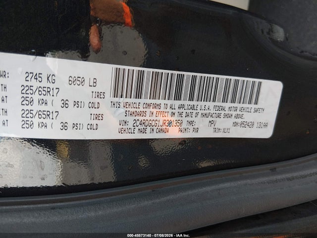 Aukcja sprzedaży 2018 Dodge Grand Caravan Sxt, vin: 2C4RDGCG1JR301350, numer aukcji: 45573140