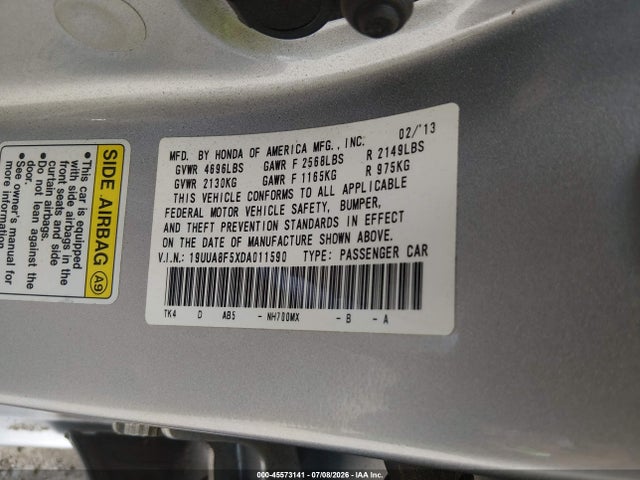 Auction sale of the 2013 Acura Tl 3.5, vin: 19UUA8F5XDA011590, lot number: 45573141