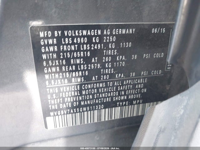 WVGBV7AX5GW511320 Volkswagen TIGUAN S