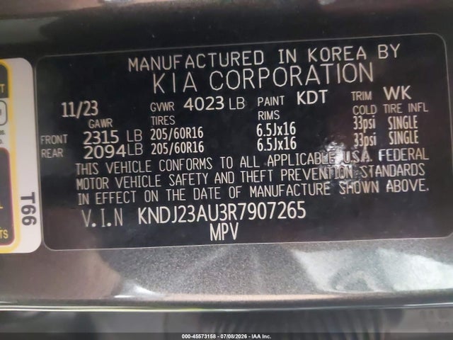 Aukcja sprzedaży 2024 Kia Soul Lx, vin: KNDJ23AU3R7907265, numer aukcji: 45573158