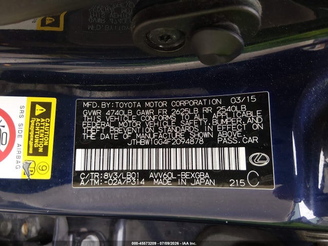 Продажа на аукционе авто 2015 Lexus Es 300h, vin: JTHBW1GG4F2094878, номер лота: 45573209