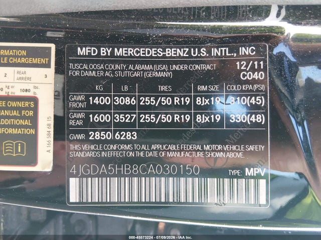 2012 Mercedes-benz Ml 350 4matic მანქანა იყიდება აუქციონზე, vin: 4JGDA5HB8CA030150, აუქციონის ნომერი: 45573224
