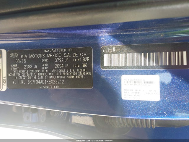 2019 Kia Forte S მანქანა იყიდება აუქციონზე, vin: 3KPF34AD1KE023212, აუქციონის ნომერი: 45573228