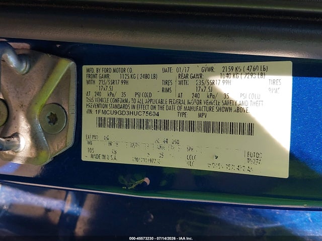 45573230 :رقم المزاد ، 1FMCU9GD3HUC75604 vin ، 2017 Ford Escape Se مزاد بيع
