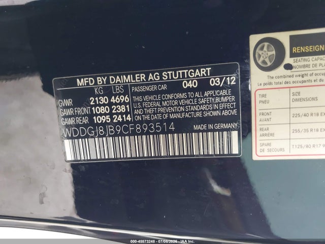 Aukcja sprzedaży 2012 Mercedes-benz C 350 Sport 4matic, vin: WDDGJ8JB9CF893514, numer aukcji: 45573248
