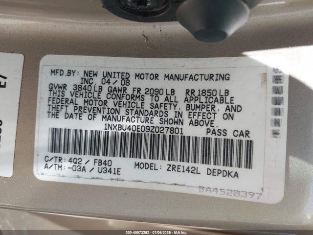 2009 Toyota Corolla Le/s/xle მანქანა იყიდება აუქციონზე, vin: 1NXBU40E09Z027801, აუქციონის ნომერი: 45573252