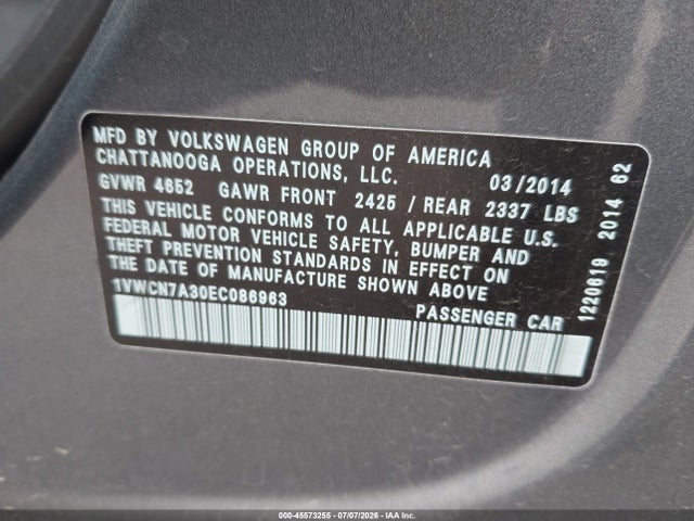 2014 Volkswagen Passat 2.0l Tdi Sel Premium მანქანა იყიდება აუქციონზე, vin: 1VWCN7A30EC086963, აუქციონის ნომერი: 45573255