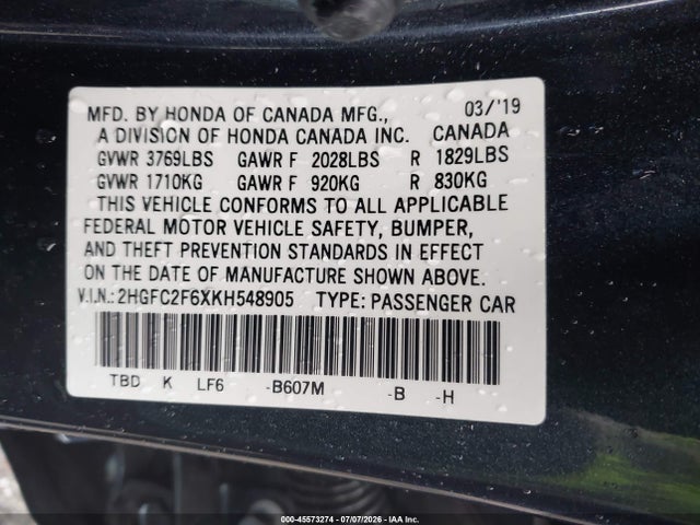 Auction sale of the 2019 Honda Civic Lx, vin: 2HGFC2F6XKH548905, lot number: 45573274