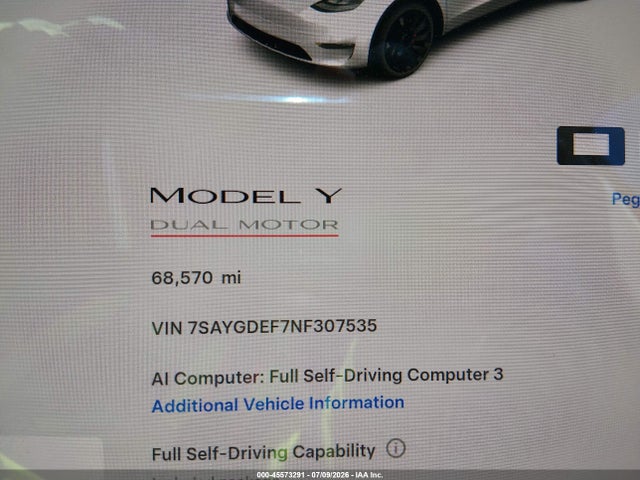 45573291 :رقم المزاد ، 7SAYGDEF7NF307535 vin ، 2022 Tesla Model Y Performance Dual Motor All-wheel Drive مزاد بيع