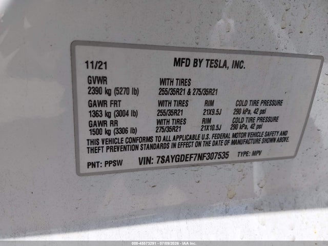 45573291 :رقم المزاد ، 7SAYGDEF7NF307535 vin ، 2022 Tesla Model Y Performance Dual Motor All-wheel Drive مزاد بيع