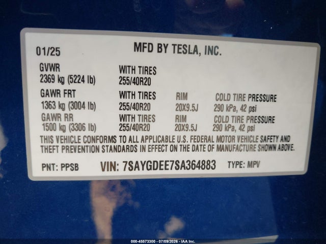 45573300 :رقم المزاد ، 7SAYGDEE7SA364883 vin ، 2025 Tesla Model Y Long Range Dual Motor All-wheel Drive مزاد بيع