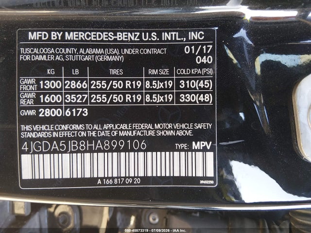 45573319 :رقم المزاد ، 4JGDA5JB8HA899106 vin ، 2017 Mercedes-benz Gle 350 مزاد بيع
