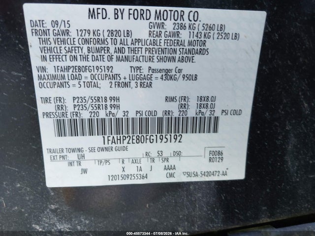 Aukcja sprzedaży 2015 Ford Taurus Sel, vin: 1FAHP2E80FG195192, numer aukcji: 45573344