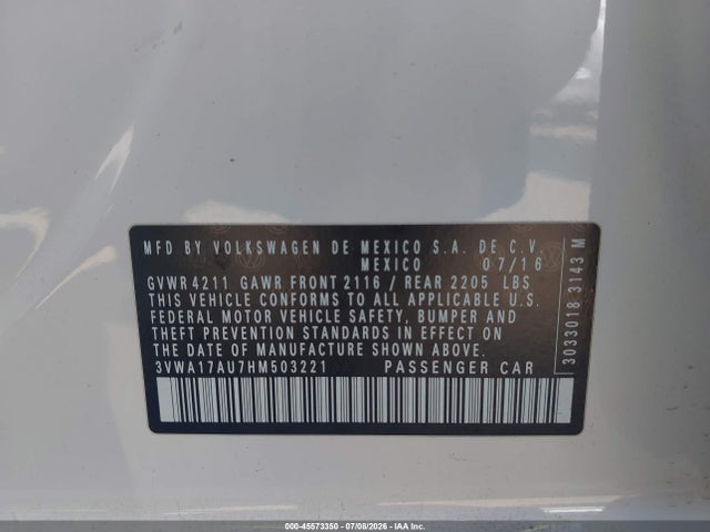 45573350 :رقم المزاد ، 3VWA17AU7HM503221 vin ، 2017 Volkswagen Golf Sportwagen Tsi S مزاد بيع