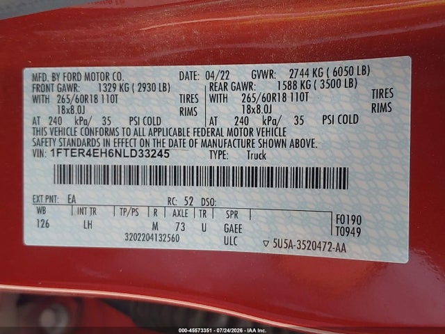 45573351 :رقم المزاد ، 1FTER4EH6NLD33245 vin ، 2022 Ford Ranger Xlt مزاد بيع