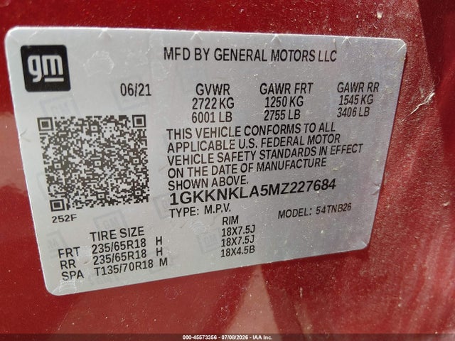 2021 Gmc Acadia Fwd Sle მანქანა იყიდება აუქციონზე, vin: 1GKKNKLA5MZ227684, აუქციონის ნომერი: 45573356